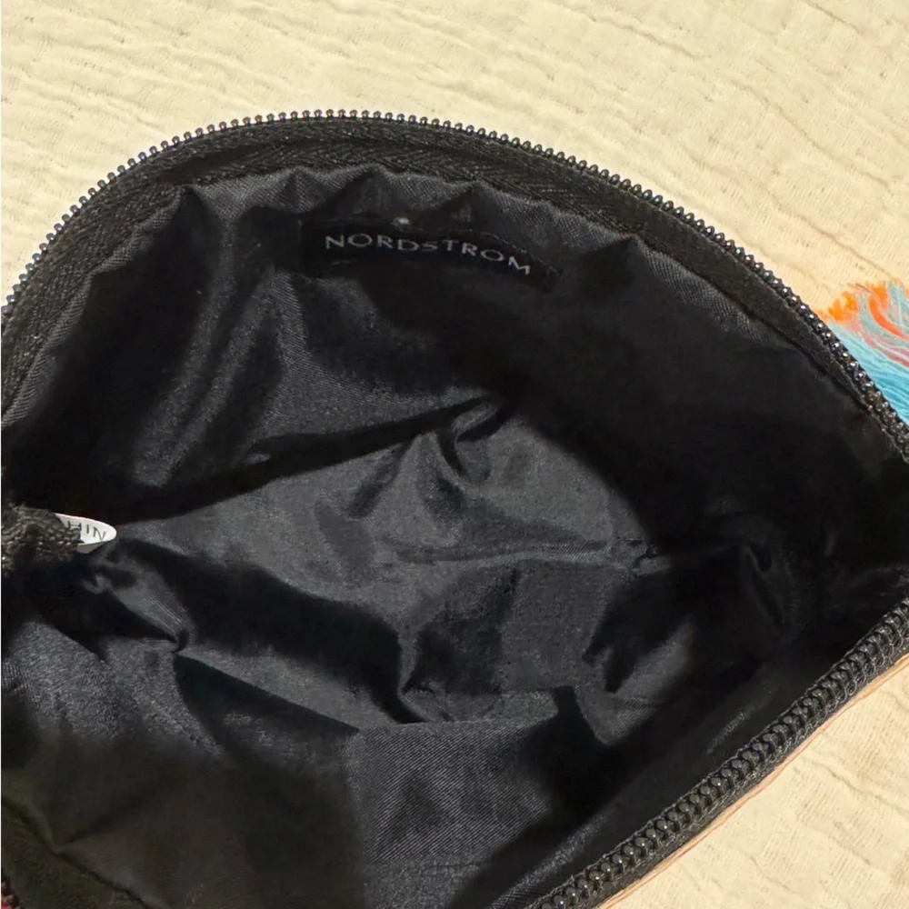 Woven Tan Clutch Cosmetic Pouch - Colorful Tassel Pom Pom / Toiletry bag